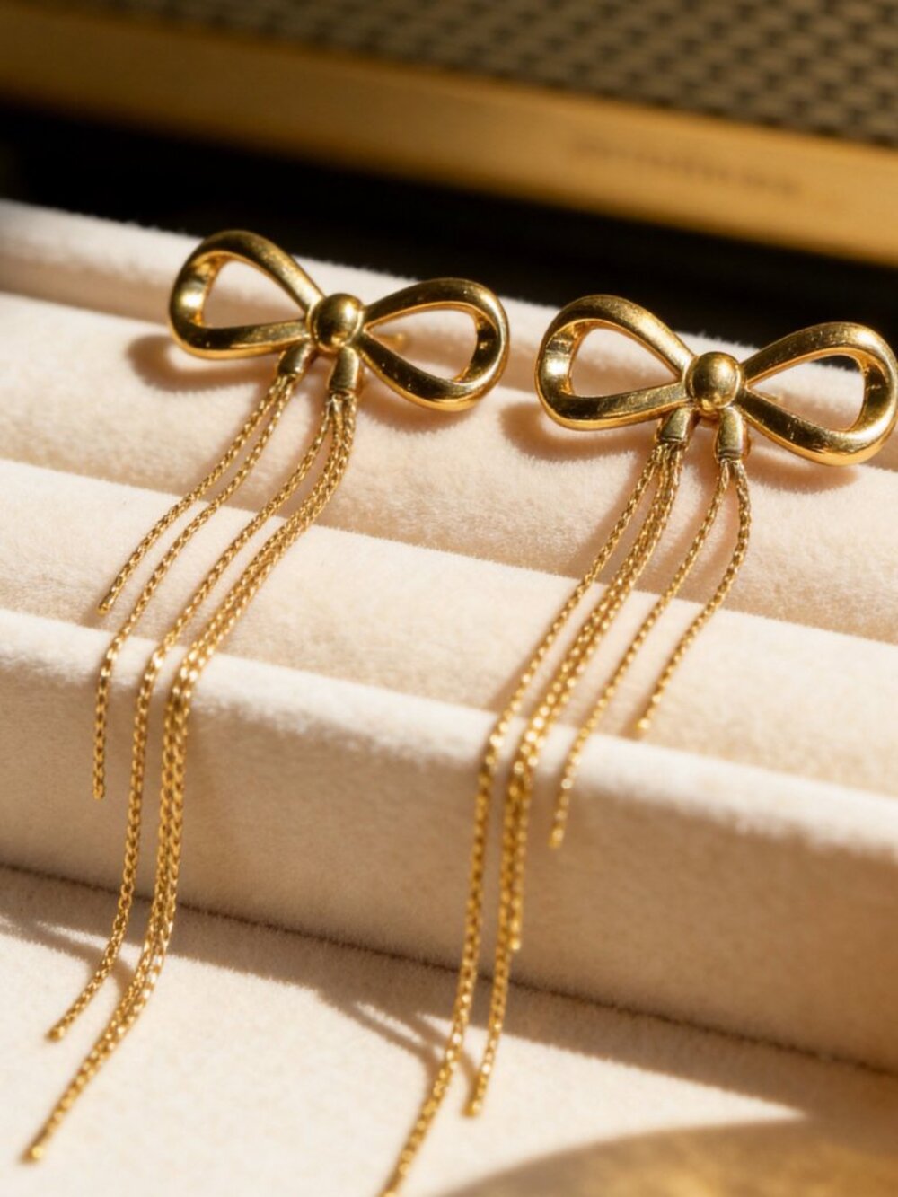 Gold Bow Tassel Chain Drop Earrings